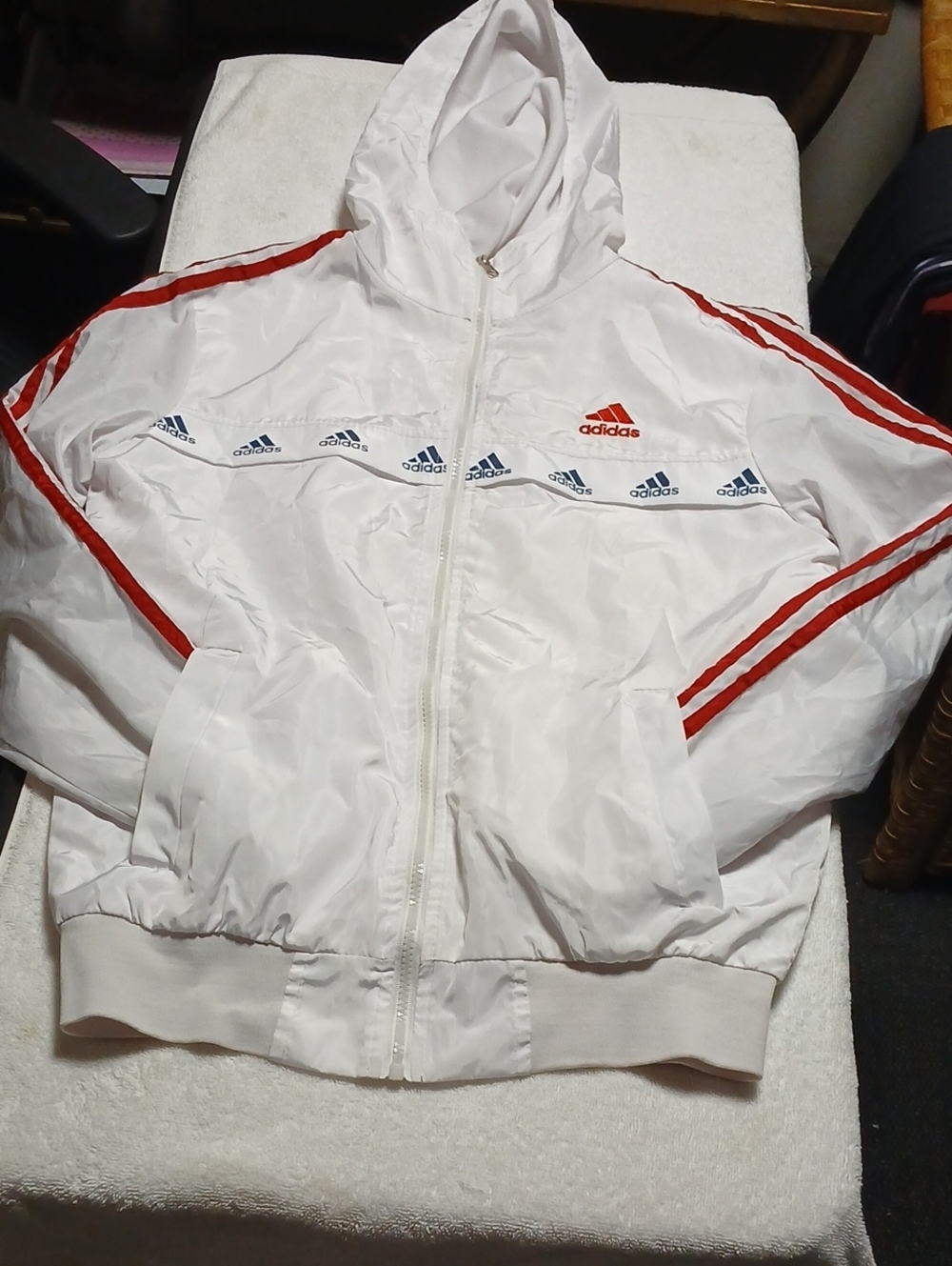 adidas White Hooded Track Jacket with Red Stripes